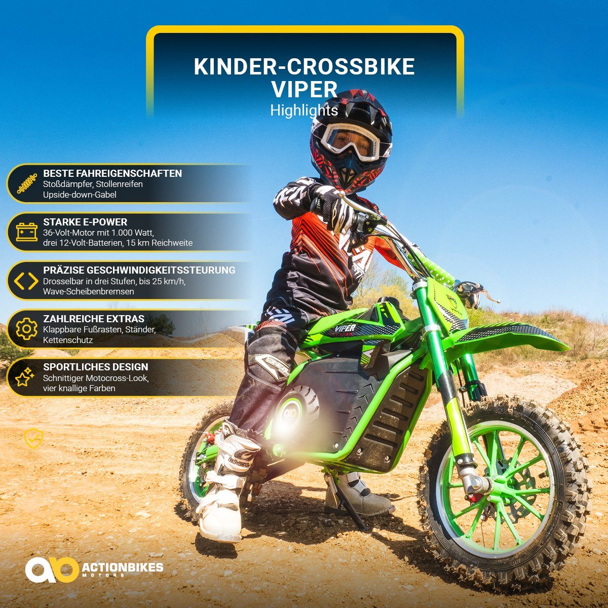 Actionbikes Motors sähköinen lasten moottoripyörä lasten crossipyörä Viper 1000 W sähköinen - 3 tasoa - jopa 25 km/h, kantavuus 60 kg, (1 kpl), mini dirt bike sähköinen minicross pit bike taskupyörä 5-vuotiaasta alkaen