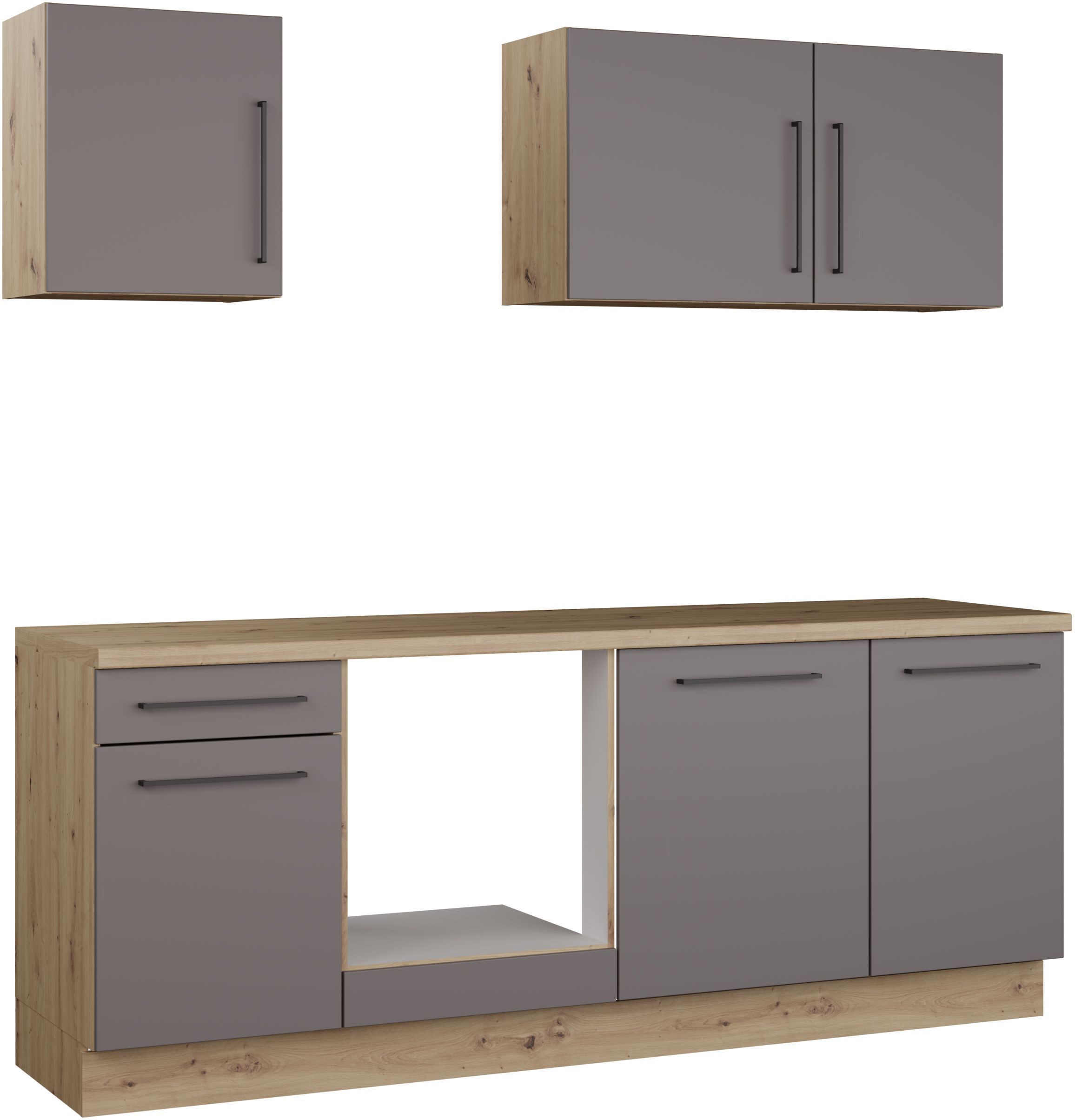 NOVACOOL - Bloc cuisine complète - Chêne / Gris foncé - 220 x 60 x 204 cm - Plan de travail inclus