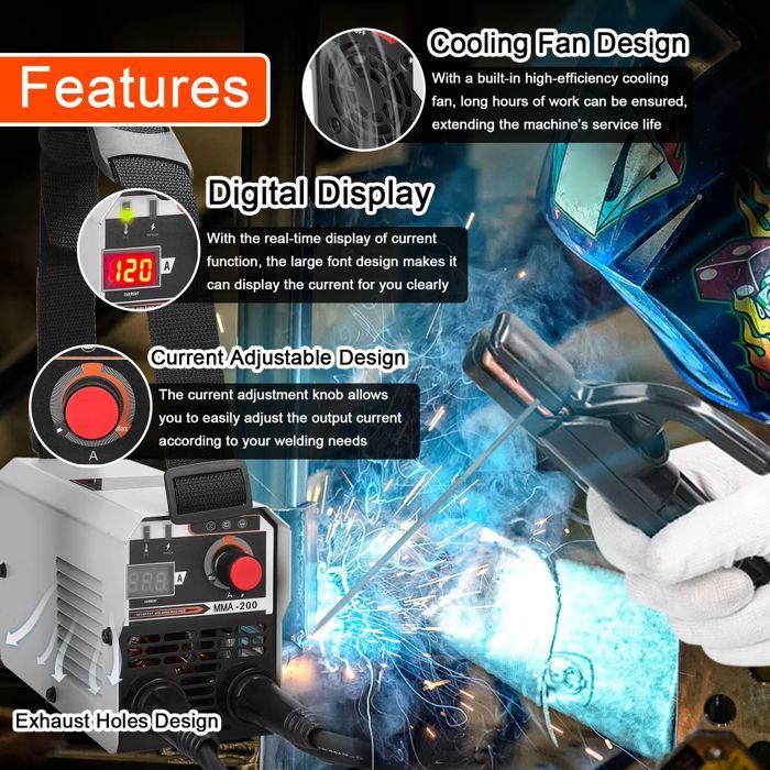 Soldadora inversora IGBT de 200 A - Soldadura MMA, MIG/MAG, TIG sin gas - Fuente de alimentación de 220 V - Diseño compacto y portátil