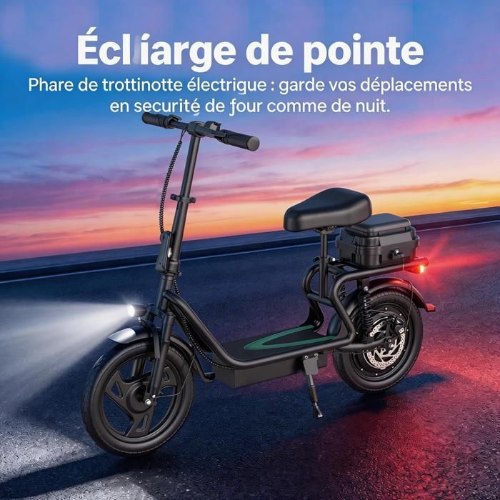 Monopattino elettrico da 500W con sedile e cestino, ESBSPRO, autonomia 64 km, pneumatici da 14”, velocità massima 35 km/h, pieghevole, app