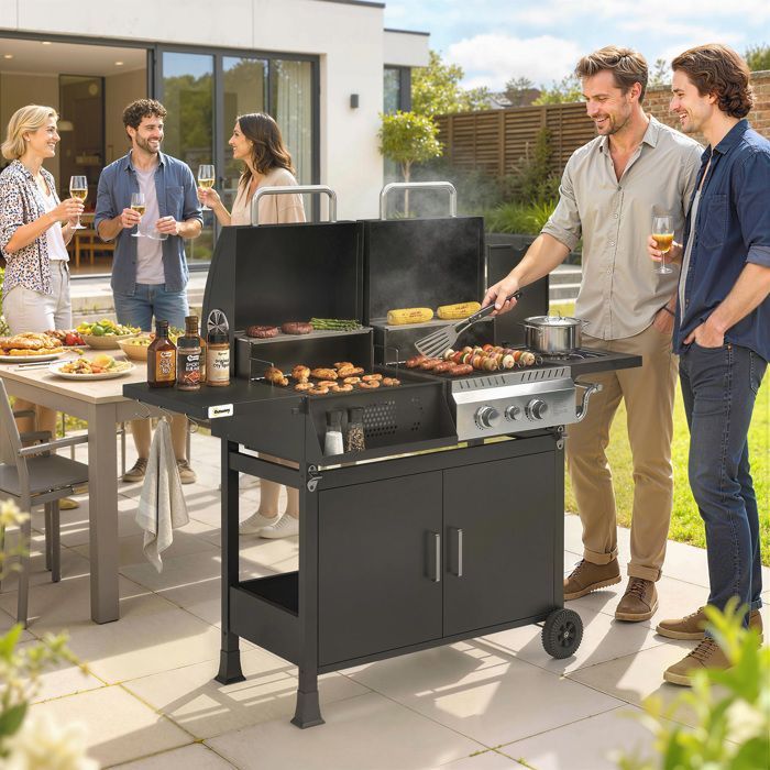 Barbecue hybride gaz et charbon de bois - Outsunny - barbecue mixte 2 en 1 avec 3 brûleurs et feu latéral thermomètre - acier - noir