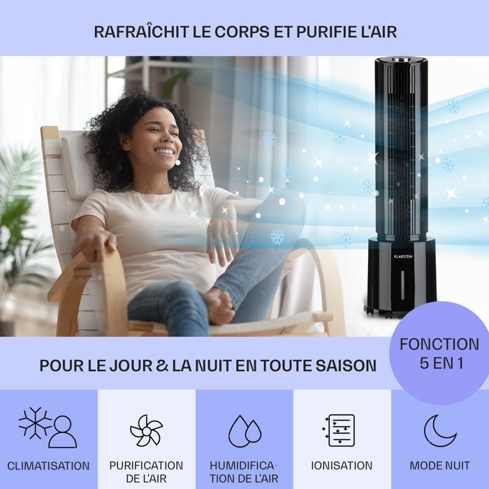 Enfriador de aire Klarstein Waterfall: ventilador, humidificador y purificador (negro).
