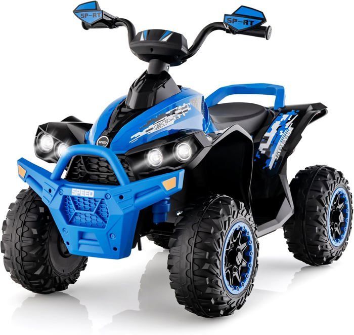 Quad eléctrico 4x4 GOPLUS para niños de 3 a 8 años, capacidad de carga de 35 kg, batería con autonomía de 1 a 2 horas, 2 velocidades ajustables, 1 asiento, con luces LED y música, color azul.
