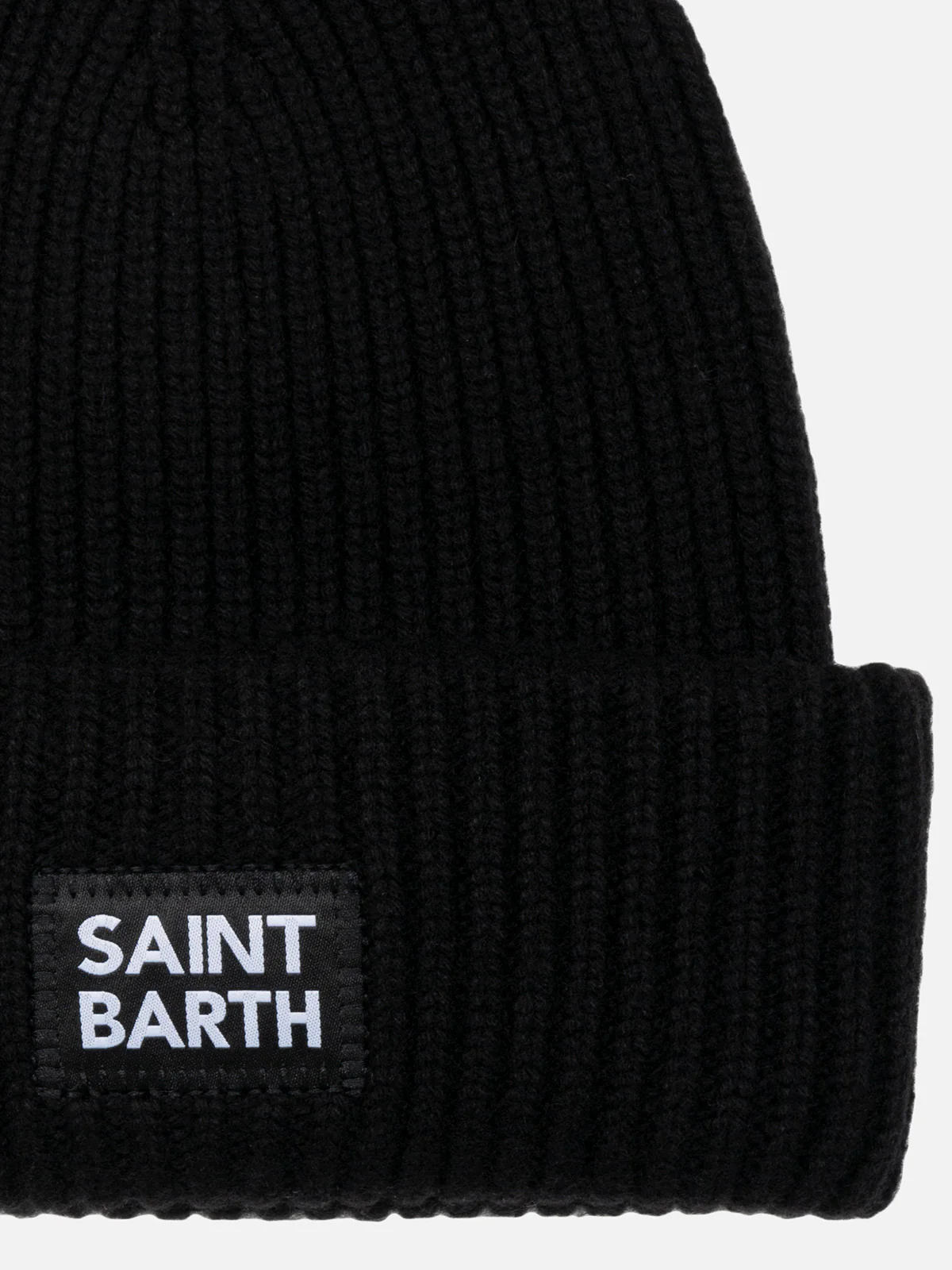 Schwarze, gerippte Mütze in Beerenrot für Kinder mit Saint-Barth-Aufnäher