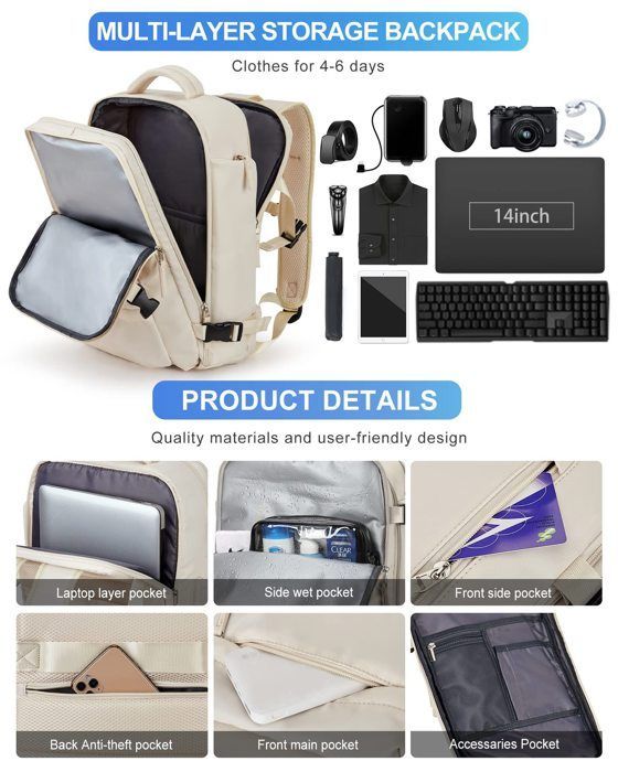 Cabin Travel Backpack 43x20x30cm for Ryanair - Women's/Men's Travel Bag - Cabin Luggage - 20L Backpack with Anti-Theft Pouch