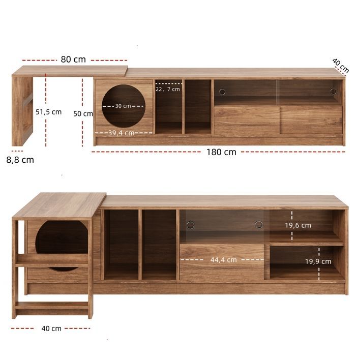 Supporto TV girevole 180(+80)x40x50cm - MODERNLUXE - Cuccia per gatti - Ante scorrevoli - Naturale
