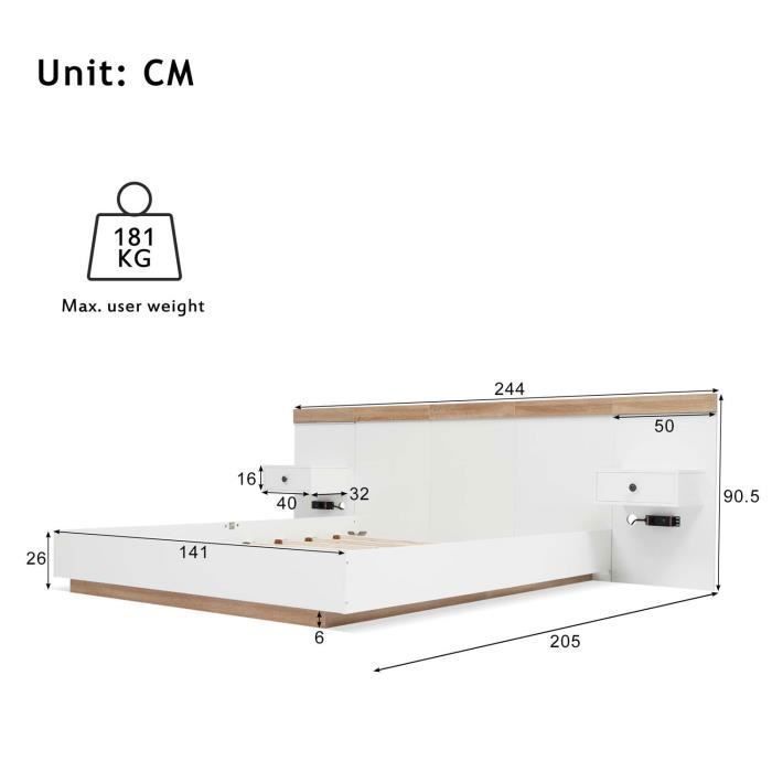 ModernLuxe Doppelbett für Erwachsene, 140 x 200 cm, mit schwebenden Nachttischen, LED-Beleuchtung und USB-Anschlüssen, Holzrahmen, Lattenrost, Eiche +