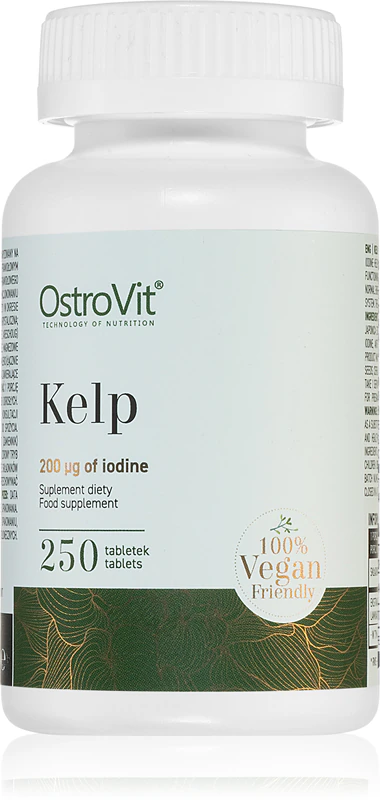 Cápsulas do suplemento alimentar OstroVit Kelp para o bom funcionamento da tireoide.