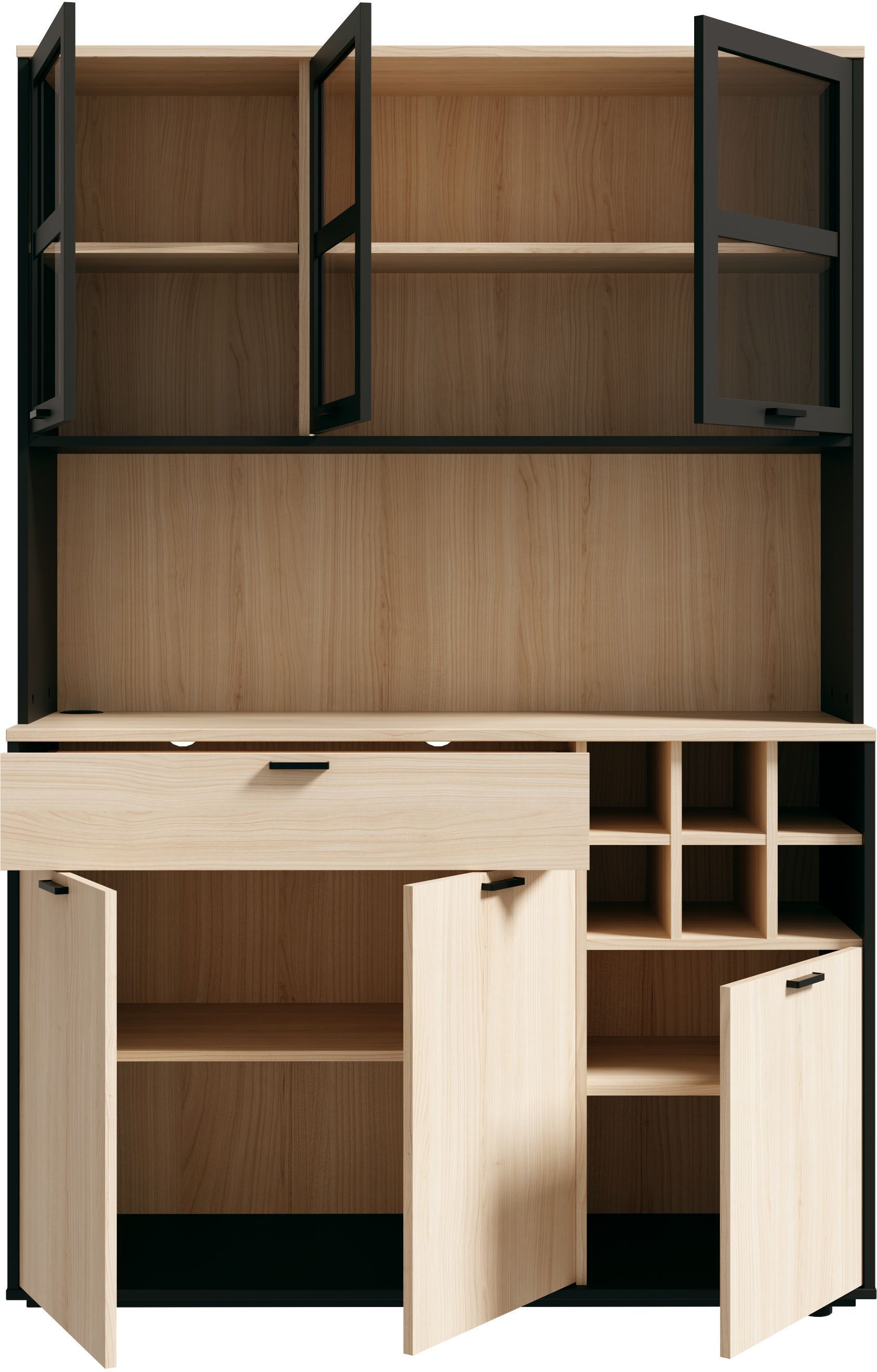 Aparador de cocina - MANTEK - 122,8 x 41,5 x 183 cm - Roble / Negro - Estilo industrial - Iluminación LED incluida
