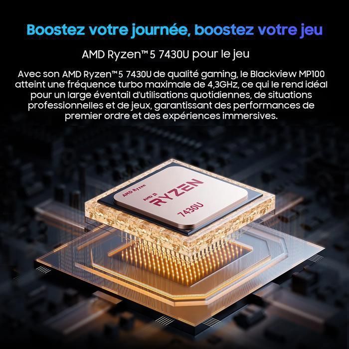 Blackview MP100 Mini PC - AMD Ryzen 5 7430U 4.3GHz - 16Go DDR4+512Go SSD  - Radeon Graphics - WiFi 6 - Triple 4K - Windows 11 Pro