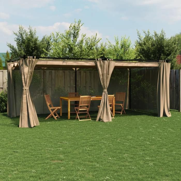 vidaXL Tonnelle avec rideaux taupe 6x3 m acier, tonnelle de jardin, tonnelle de patio, pavillon de jardin 4003922
