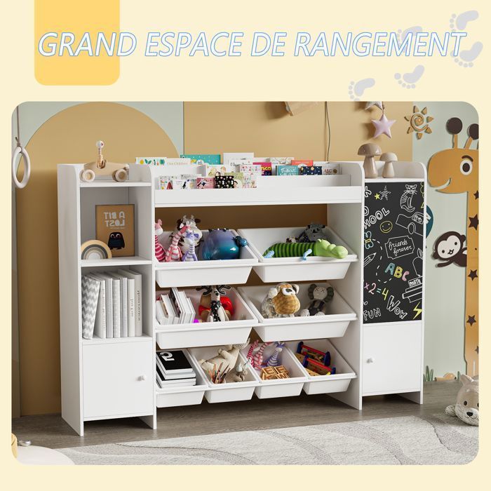 Bibliothèque à 6 Niveaux - Meuble de rangement - 137x30x94.5 cm - Avec tableau noir et portes - pour Salon, Bureau, Chambre - Blanc
