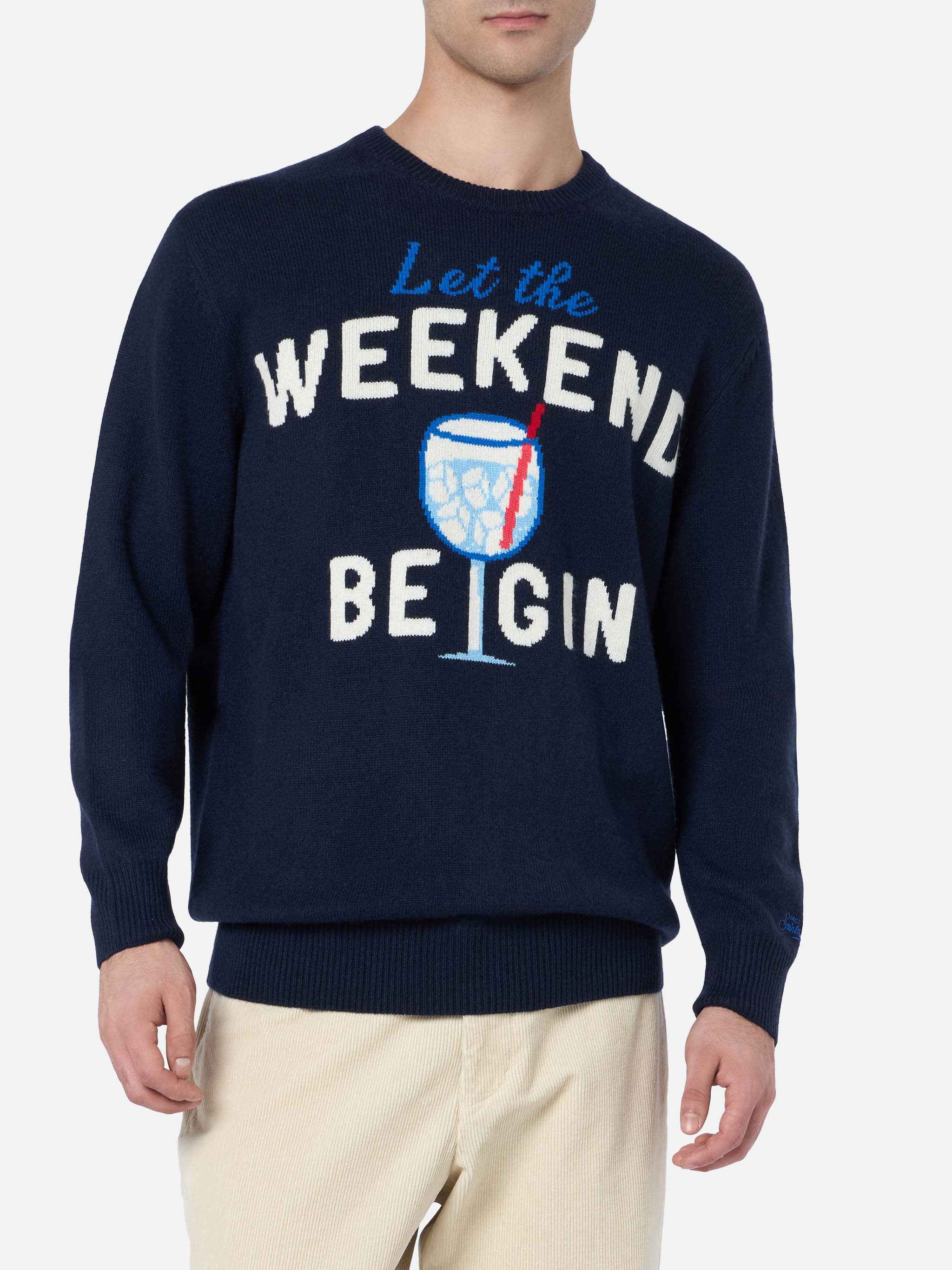 Heron Blue Crew-Neck Sweater | Ribbed Collar, Cuffs, & Hem | St Barth Logo Embroidery on Cuff | Weekend Be Gin Jacquard | MC2 Saint Barth