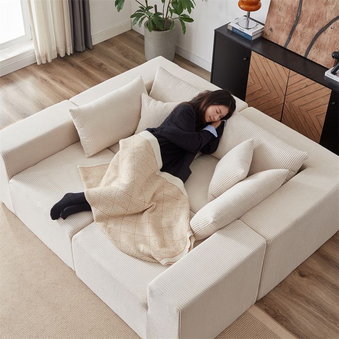 DRIPEX Canapé modulable 4 places en velours côtelé 335CM,Canapé compressé rembourré avec 4 coussins,combinaison libre,Beige