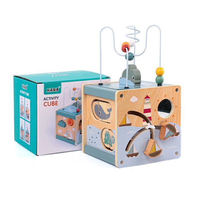 Cube d’activités Montessori - Cube Plage 5-en-1 - 5 activités - Bois naturel - Dès 12 mois