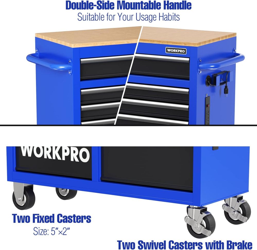 WORKPRO Κινητό εργαλειοθήκη 46 ιντσών με 9 συρτάρια, φορητό ερμάριο αποθήκευσης εργαλείων με ξύλινη κορυφή, εξοπλισμένο με ροδάκια, λαβή, επένδυση συρταριού και σύστημα κλειδώματος, χωρητικότητα φορτίου 1200 λίβρες