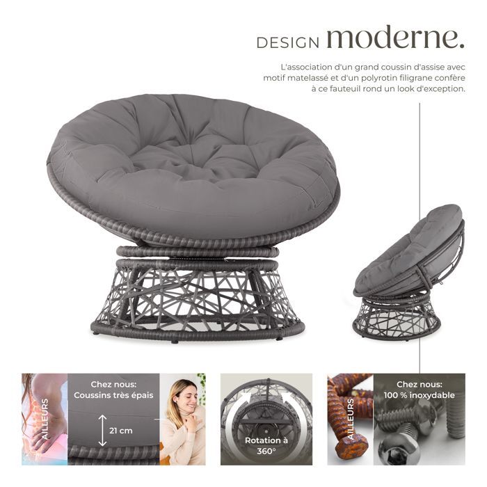Gartensessel – TECTAKE – GARGANO Outdoor-Rattan-Loungesessel mit robustem, bequemem Rundkissen – Grau