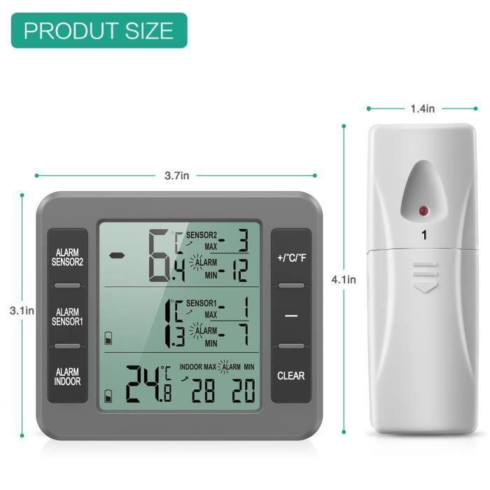 Kühlschrank-Gefrierschrank-Thermometer, kabelloses Kühlschrankthermometer mit 2 Sensoren, akustischem Alarm, Min/Max-Anzeige – Grau
