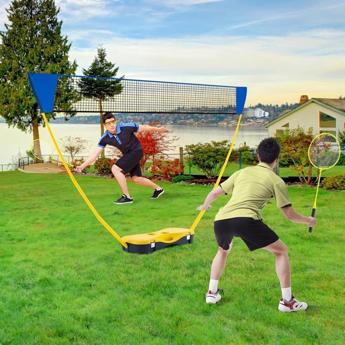 GYMAX 275cm Portable Badminton Net Set, with 2 Rackets, 2 Shuttlecocks, Storage Box, Easy Setup - Yellow