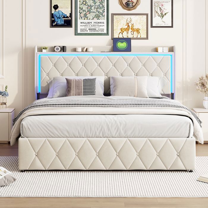 Cama doble de 140 x 200 cm con cabecero y somier de láminas, tapizada con iluminación LED y puertos USB, estructura de cama de 140 x 200 cm, terciopelo, color beige.