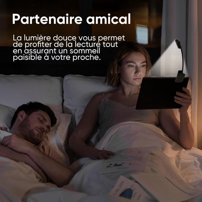 Lampe de Lecture, 24 LED Liseuse Clip Rechargeable, 3 Couleurs & 5 Luminosité, 360° Cou Flexible, Portable pour Lire au Lit, Noir
