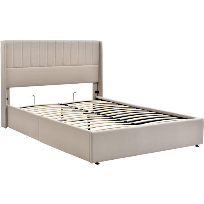 Lit coffre 160x200 avec tête de lit et sommier,lit 2 Personnes avec rangement,cadre de lit 160x200 avec sommier à lattes,lin,beige