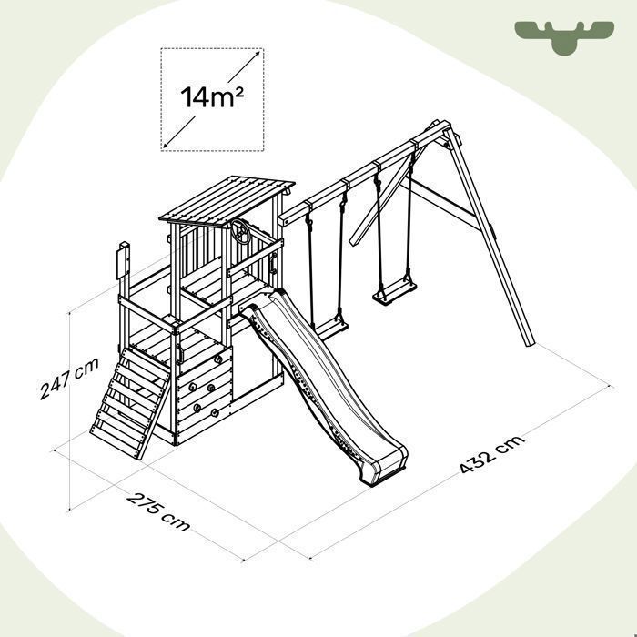 Tour de jeux bois FATMOOSE FruityForest Fun XXL avec double balançoire et toboggan 220 cm vert sauge – 10 ans de garantie*