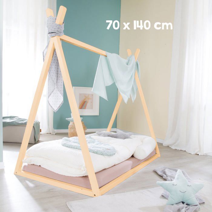 Cama tipi ROBA de 70 x 140 cm para niños - Bambú certificado FSC - Cama india para niños y niñas - Acabado natural