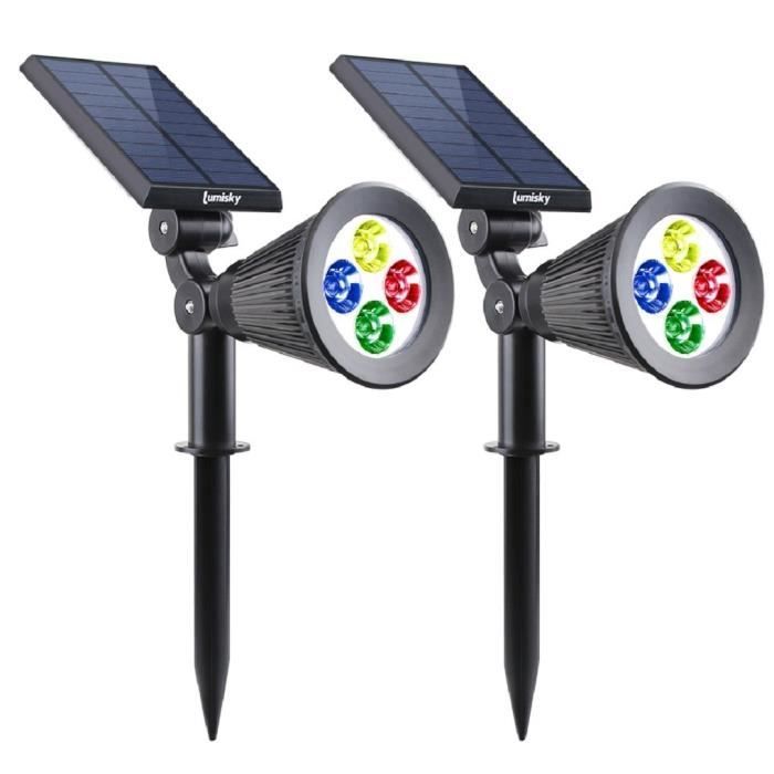 Pack of 2 Waterproof Outdoor Solar Spotlights - LUMISKY - 4 RGB Color LEDs - 200 Lumens - 90° Rotating Head