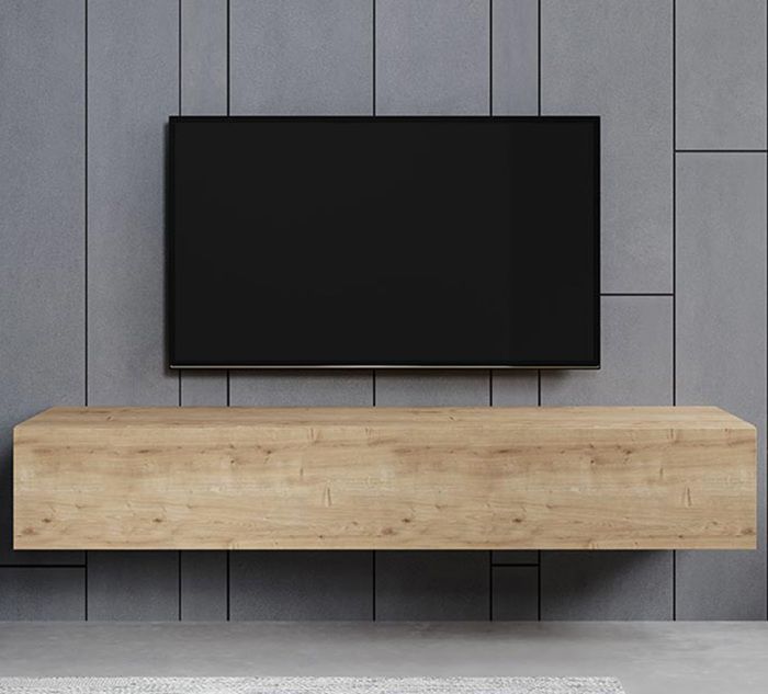 Wandgemonteerd tv-meubel voor de woonkamer | 1 deur met 3 vakken | Eikenhouten afwerking | B 180 x D 40 x H 30 cm | Model Aitana M2