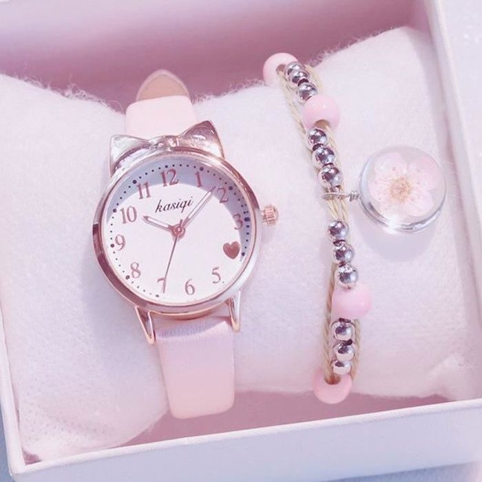 Set de regalo para relojes de niña: reloj con pulsera de flores y gato, reloj de cuarzo de cuero, regalo blanco y rosa para niñas.