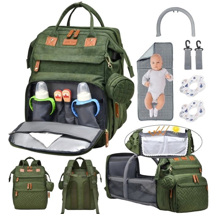 Sac à Dos à Langer KENLUMO Matelas sac à Langer Bébé – Grande Capacité Sac à Couches Multifonction Imperméable Sac de Voyage vert