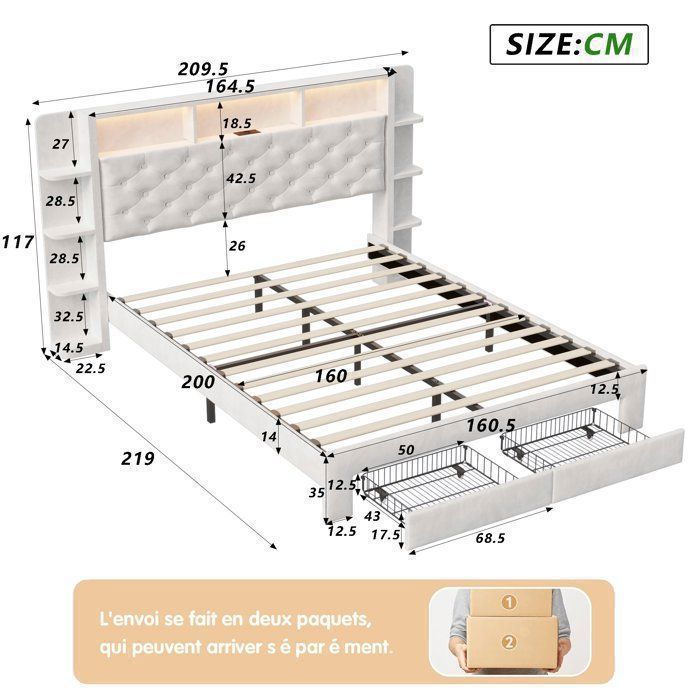 Complete slaapkamerinrichting voor volwassenen, bestaande uit een bedframe van 160x200 cm, een tweepersoonsbed, een opbergbed van 160x200 cm, een LED-bed van 160x200 cm, een USB-poort, opbergruimte, LED-verlichting, 2 lades, fluweel en wit.