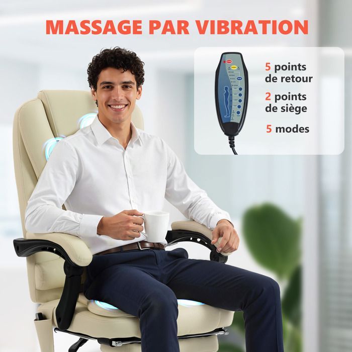 Fauteuil de bureau massant - Vinsetto - hauteur réglable, dossier inclinable et télécommande filaire - beige