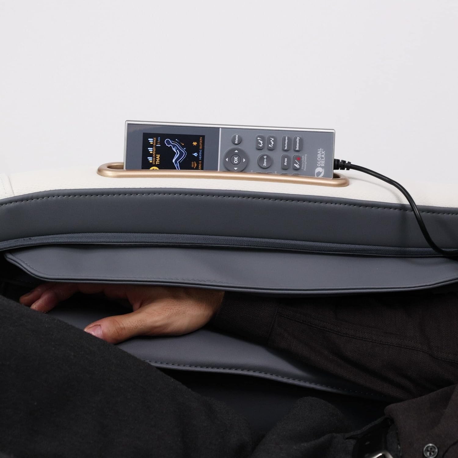 GLOBAL RELAX | KENSHO® Plus | Poltrona massaggiante blu-grigia | 7 programmi | Terapia a pressione d'aria, riflessologia plantare, termoterapia per la schiena, gravità e posizione zero | Audio surround 3D | Bluetooth