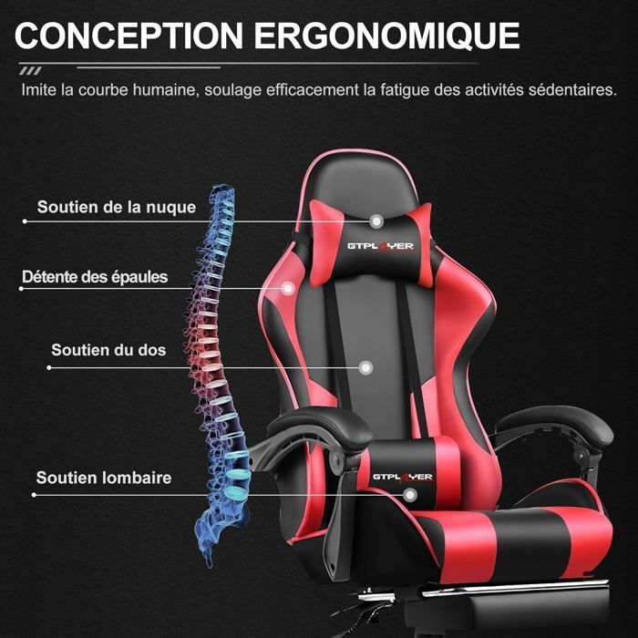 Chaise Gaming Fauteuil de Bureau Chaise de Massage Lombaire Pivotante avec Repose-Pieds Accoudoirs en Cuir de PU (Rouge)