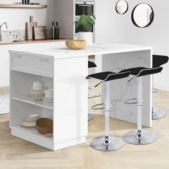 Isla de cocina alta IDMARKET VITO de 130 cm, color blanco, para 4 personas, con encimera de mármol ALASKA.