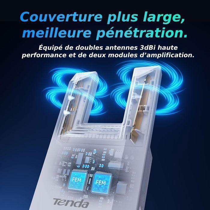 Tenda Répéteur WiFi Puissant A18 Pro, Amplificateur AC1200 Mbps(2.4GHz/5GHz), Port Ethernet Gigabit, Couverture jusqu’à 150 m²