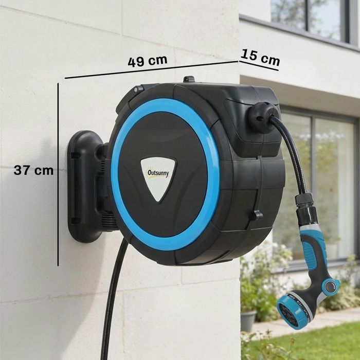Wall-mounted garden hose reel - Outsunny - 12 spray patterns, 180° swivel - plastic - 49x15x37cm - blue