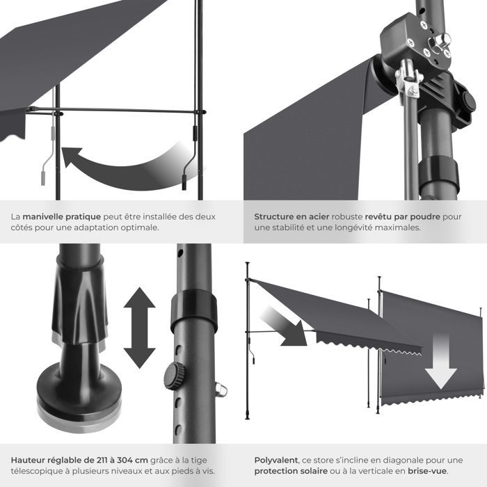 Store banne de jardin - TECTAKE - Store à pince sans perçage avec manivelle réglable en hauteur - Noir/Gris - 350 x 180 cm