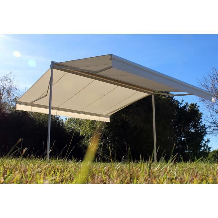Toldo manual de doble pendiente de 4x2x3 m - Tela beige y estructura de satén blanco - GARDEN OMBRAZUR