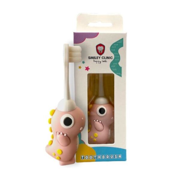 Dětský zubní kartáček Smiley Clinic s dinosaurem - růžový