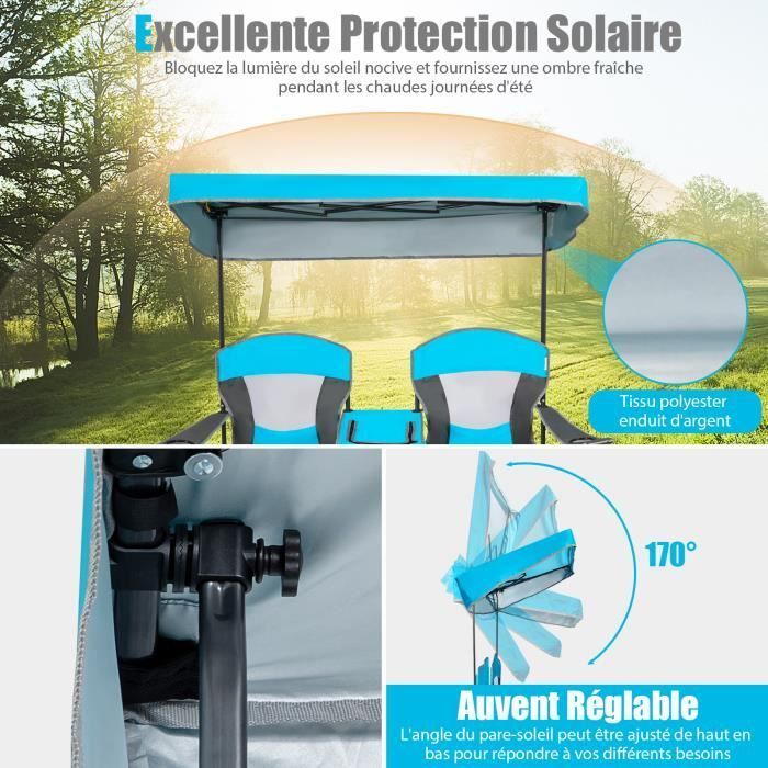 Silla/sillón plegable de camping para 2 personas - COSTWAY - Parasol extraíble y ajustable - Bolsa isotérmica - Azul