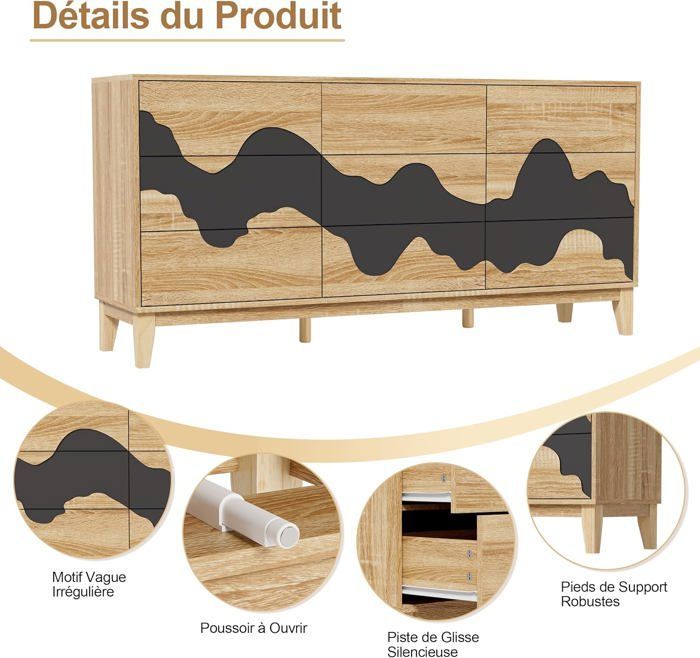 Cômoda GOOBUY com 9 gavetas, 160 cm, armário de armazenamento, amplo espaço de armazenamento, padrão de ondas irregulares, 160 x 40 x 78,5 cm, natural