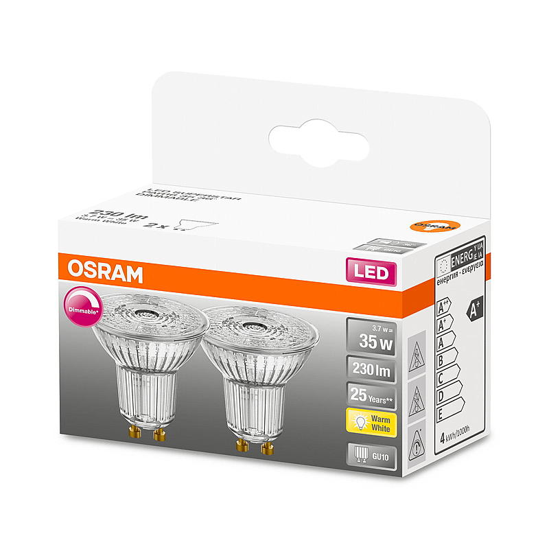 Osram LED-spot (2 stuks), 230 lm, dimbaar, GU10 fitting.