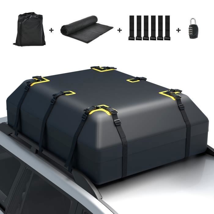 Cofre de techo impermeable para coche COSTWAY de 600 L - 14 correas, 6 ganchos para la puerta, sistema de cierre, alfombrilla antideslizante, bolsa de almacenamiento