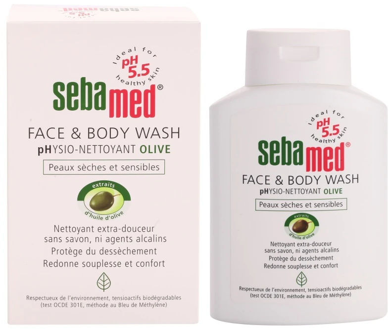 Sebamed Wash, emulsão de limpeza suave para rosto e corpo com azeite de oliva.