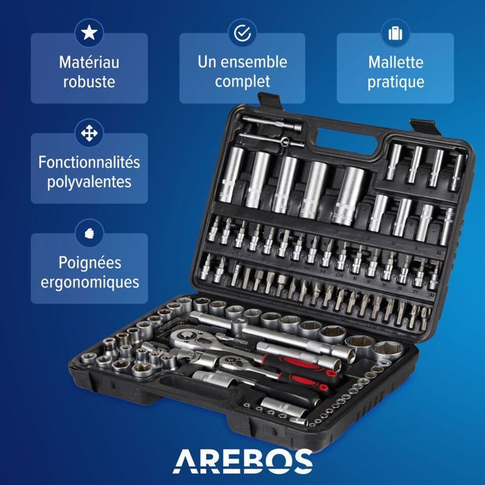 AREBOS Mallette à outils 108 pièces Jeu de douilles Outils Douilles Cliquet Boîte