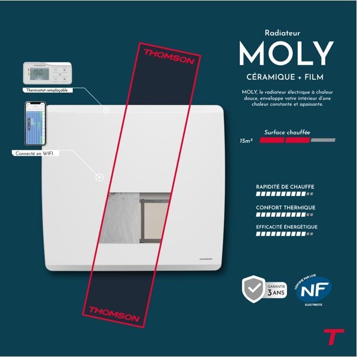 Radiador elétrico fixo com inércia seca - Núcleo de aquecimento duplo - THOMSON - MOLY 1500W - Conectado por Wi-Fi - horizontal branco - NF