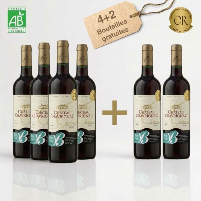 Château Chavrignac – Grand Vin Rouge de Bordeaux AOC Bio – Médaillé Or – Biodynamique – Cuvée 2023 – Merlot – 6 Bouteilles